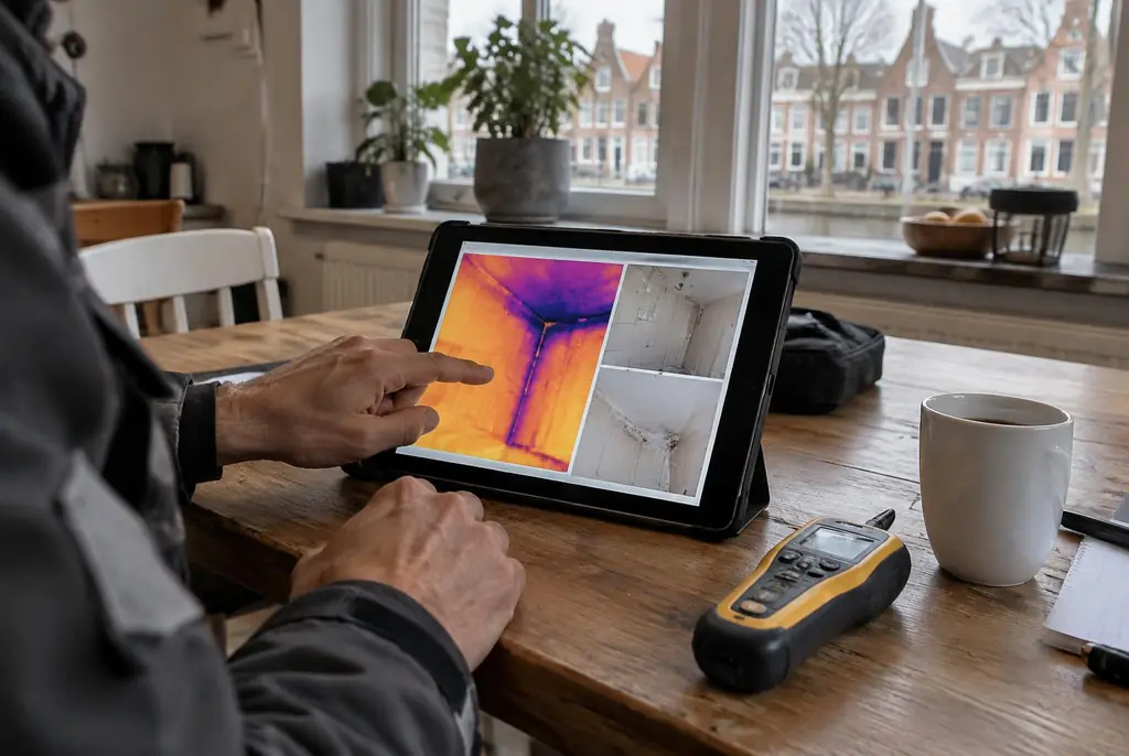 Lekdetectie Nieuwerkerk aan den IJssel – lekdetectierapport met warmtebeelden en foto's op een tablet
