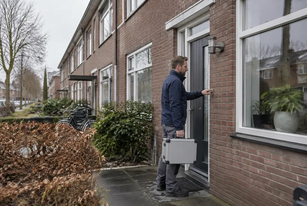 Lekdetectiespecialist met meetkoffer bij de voordeur van een woning in Nieuwerkerk aan den IJssel